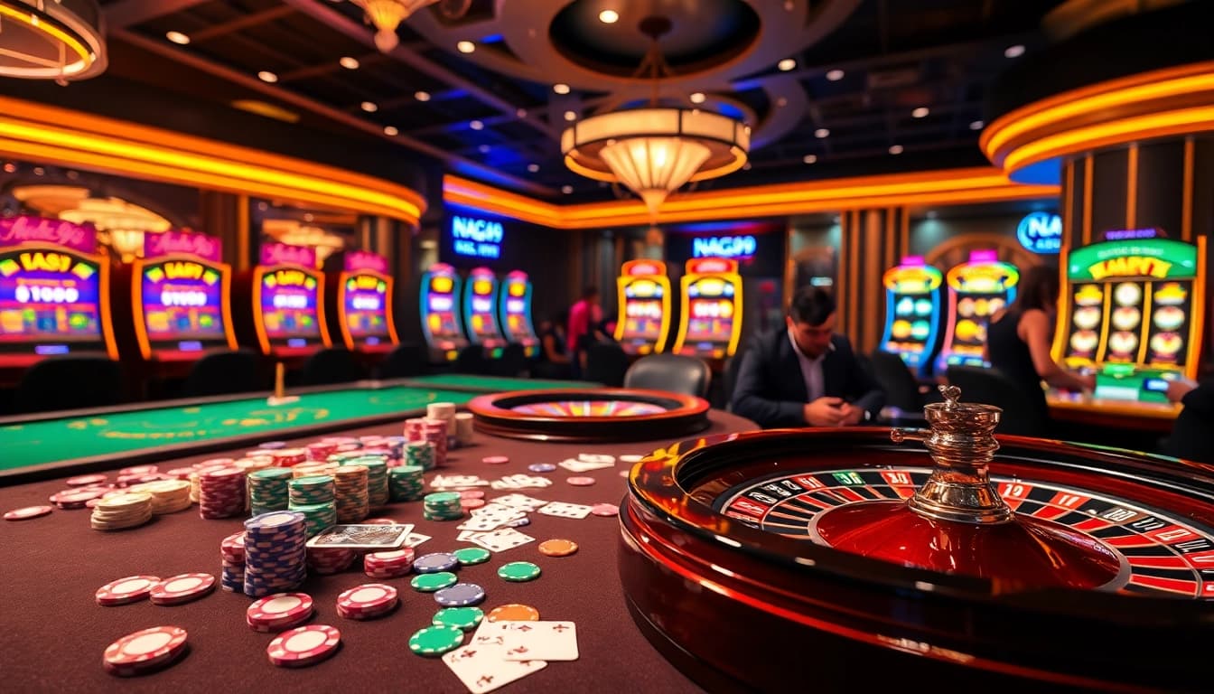 Naga99 players enjoying a vibrant casino atmosphere at a poker table with chips and cards.
