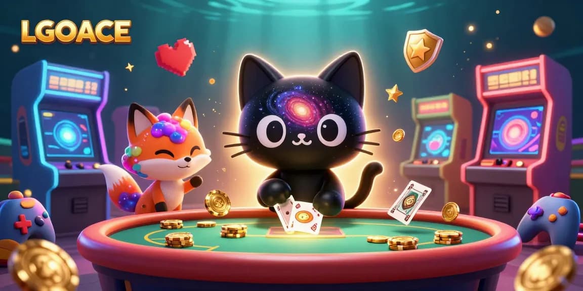 LGOACE features a black hole cat and nebula fox at an energetic cosmic casino table, pulling in golden chips.