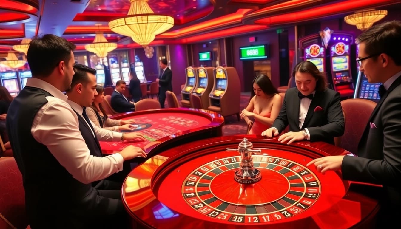 Gameplay at U8888 casino featuring vibrant roulette tables and engaging gamblers.