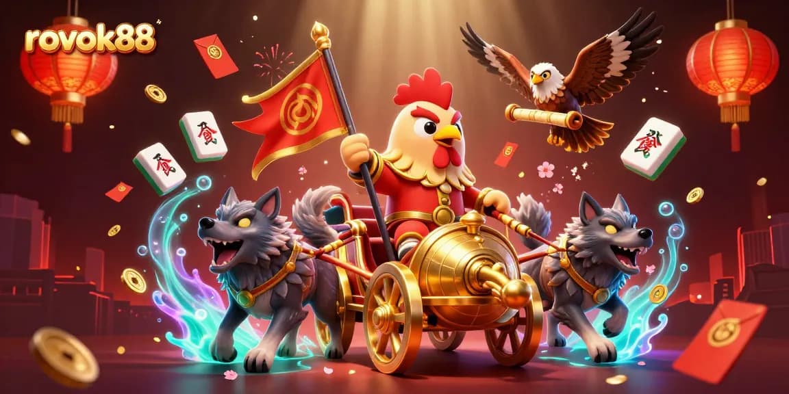 Experience thrilling gameplay at rokok88 with a vibrant 3D scene of a rooster warlord and his chariot.
