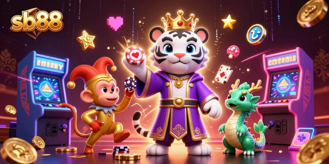 Spin the reels at sb88 with the majestic tiger and playful monkey amidst casino chaos.