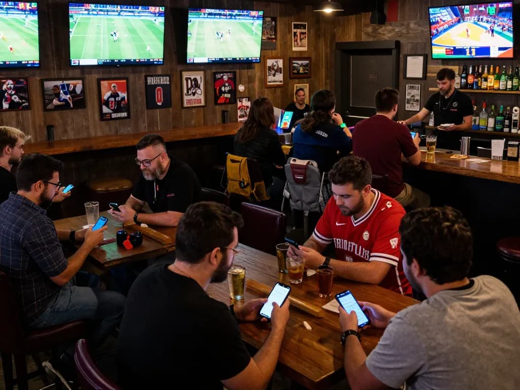 Engaging scene showing patrons placing bets on mobile apps, highlighting tỷ lệ kèo nhà cái excitement.