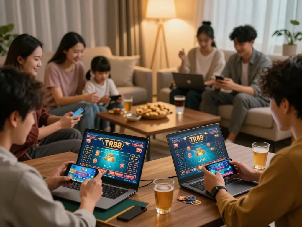 Players enjoying TR88 online casino games on laptops and smartphones in a cozy home setting.