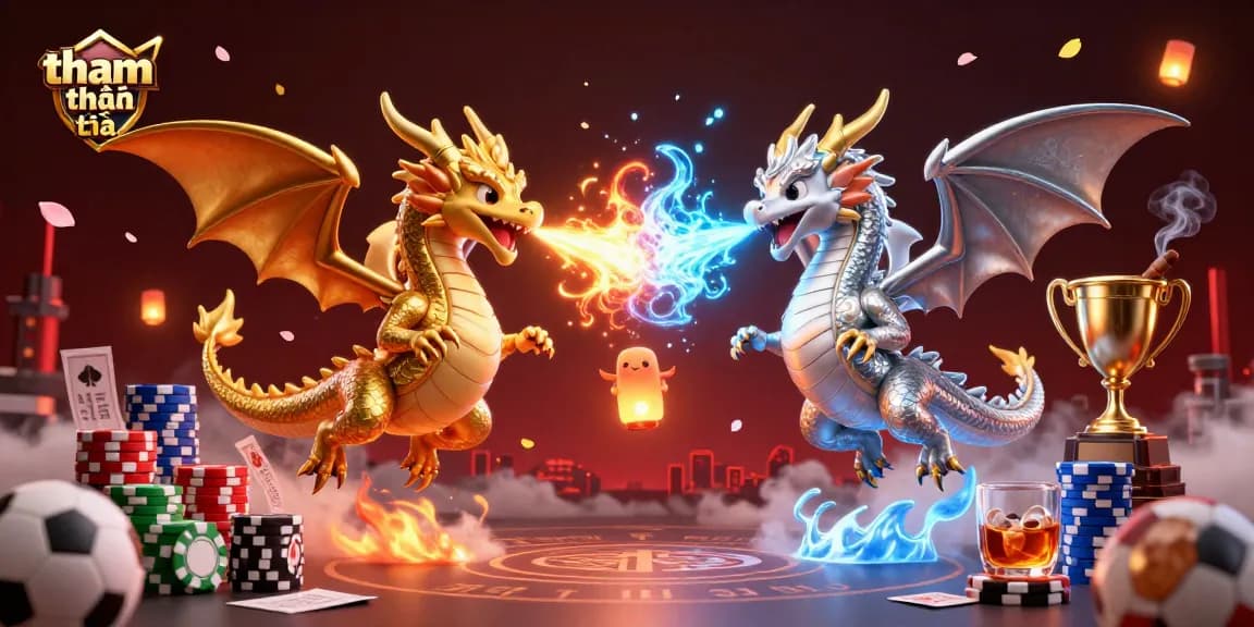 Bet on victory with tham khảo thêm while watching 3D dragons battle amidst casino elements.