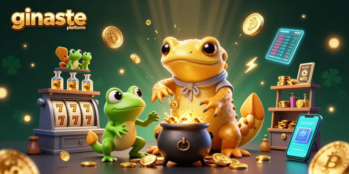 Experience big wins at the ginaste platform with a dynamic 3D illustration of golden alchemists and crypto elements.