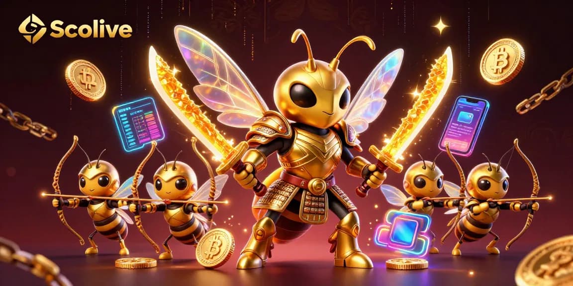 Socolive engages viewers with a vibrant 3D scene of a hornet samurai surrounded by glowing cryptocurrency elements.