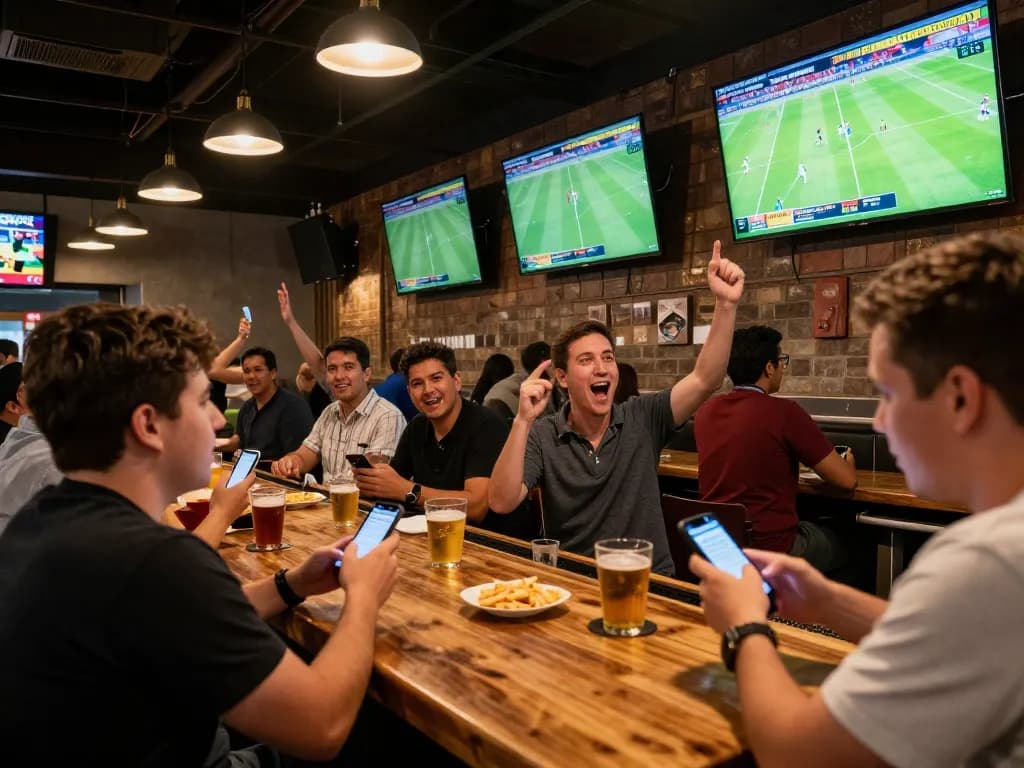 Excited patrons analyzing kèo nhà cái at a lively sports bar during live matches