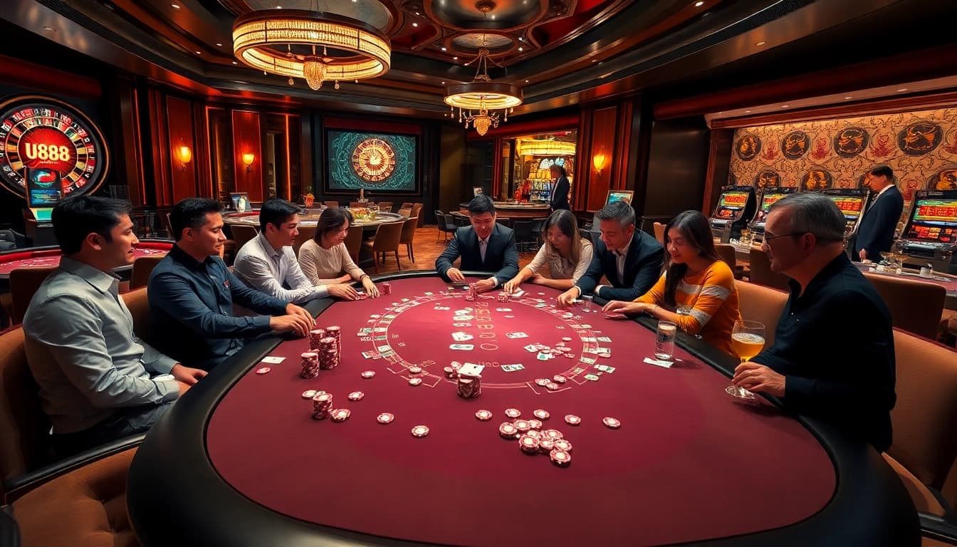 Experience thrilling poker action at U888's luxurious casino setting with vibrant chips and cards.