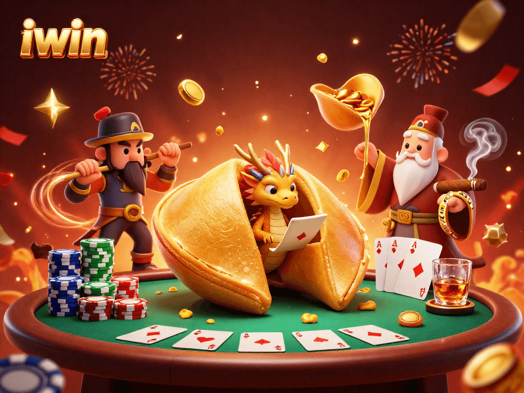 Engage with iwin's casino excitement featuring a dragon reading fortunes and poker elements.