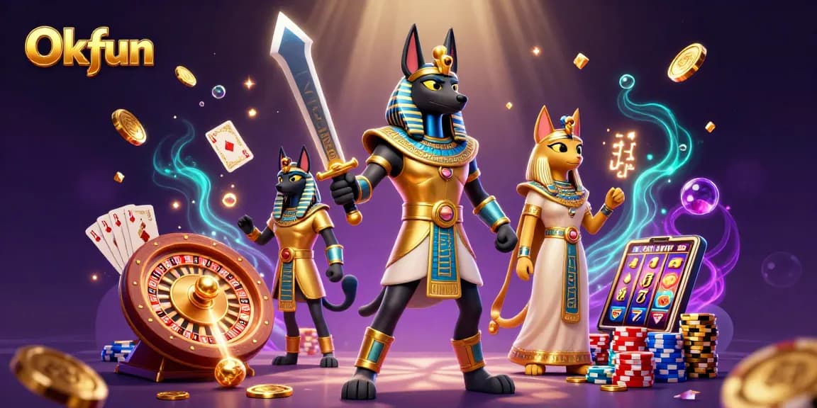 Win exciting rewards with Okfun's animated scene showcasing a roulette wheel and vibrant casino elements.