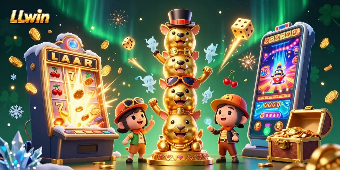 Experience LLwin’s vibrant casino atmosphere with golden totem, exploding slot machine, and lively game elements.