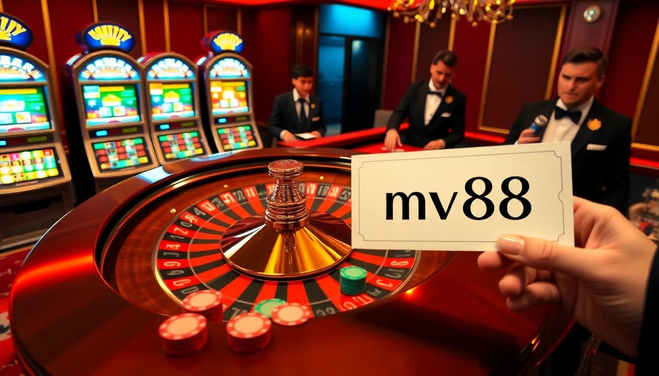 A thrilling casino scene showcasing players engaging in a roulette game and slot machines with vivid lights, highlighting mv88 on a betting slip.
