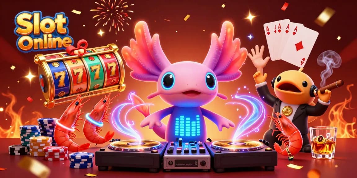 Engaging Slot Online scene with vibrant 3D axolotl DJ and fun casino elements