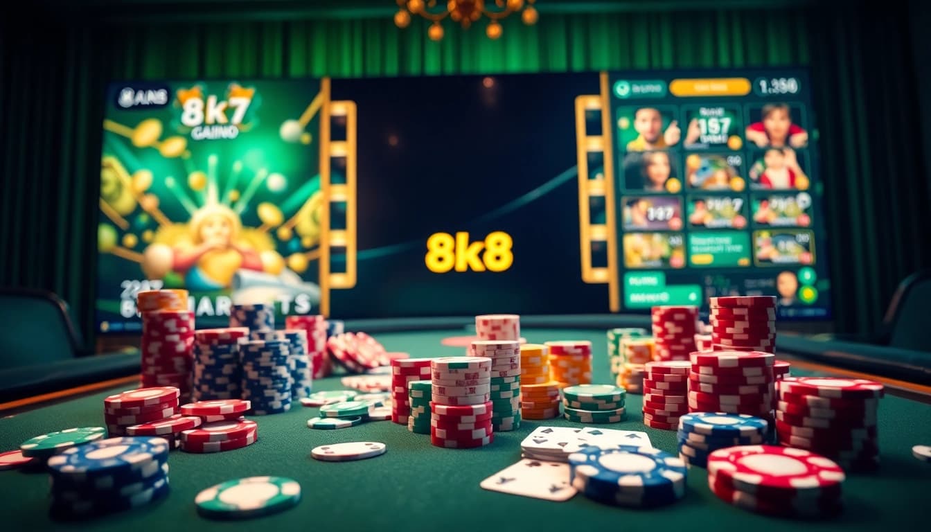 Players enjoying a thrilling experience at the 8k8 casino table filled with vibrant chips and cards.