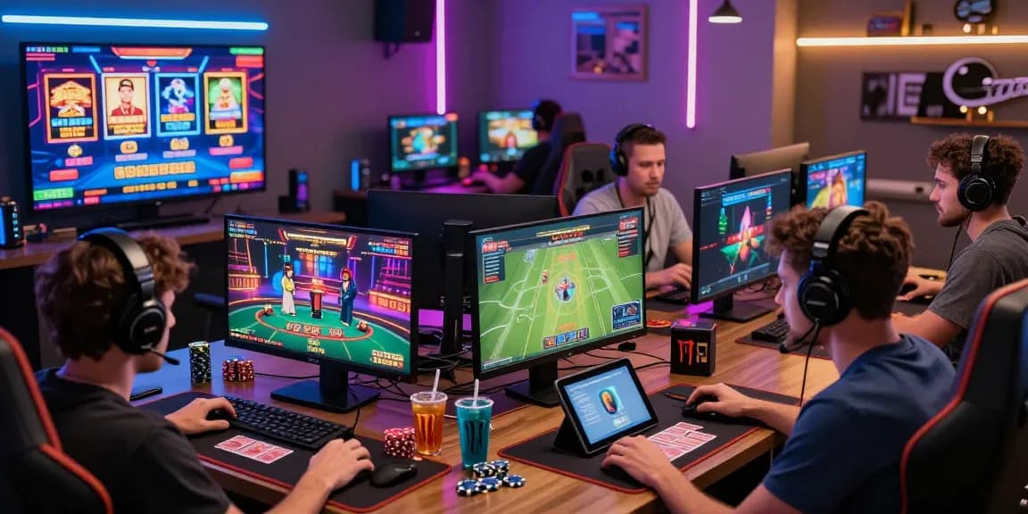 Exciting online gaming scene with players engaging in various games on digital devices, showcasing the vibrant atmosphere of haywin.