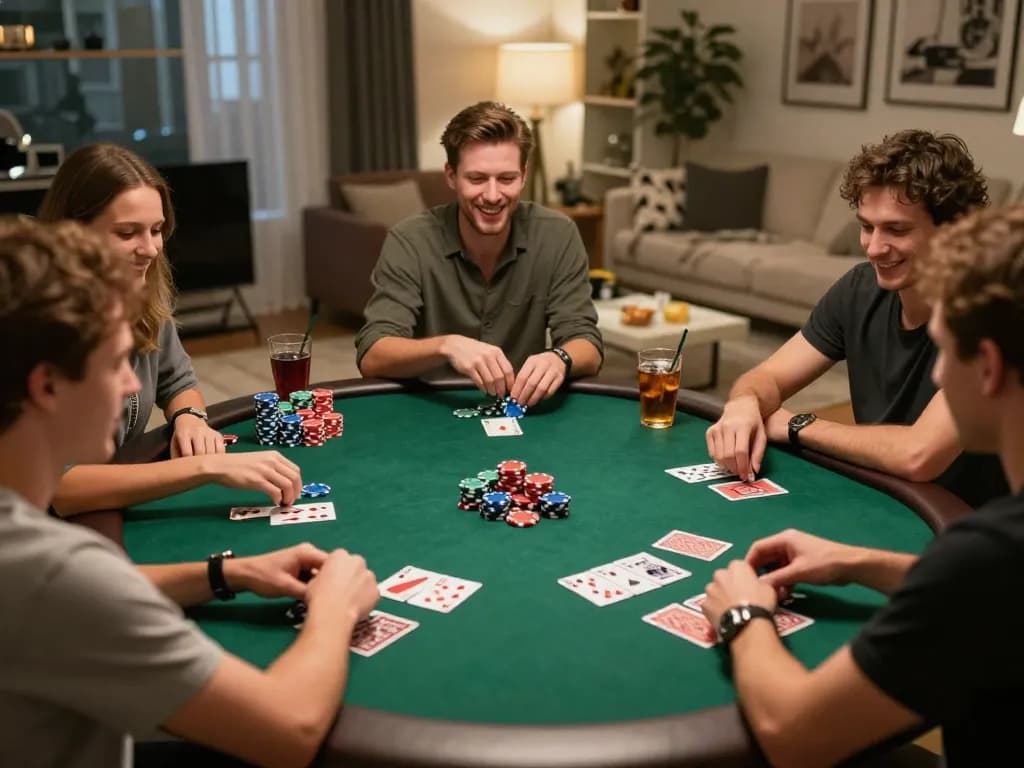 Friends enjoying poker night at home, focusing on gameplay and strategy with o8 com atmosphere, lively and engaging scene.