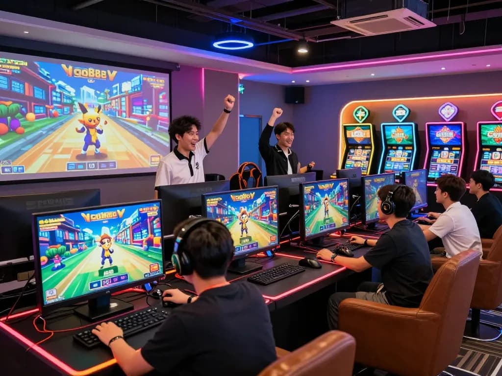 Go88 thiên đường gaming lounge with excited players and vibrant screens.