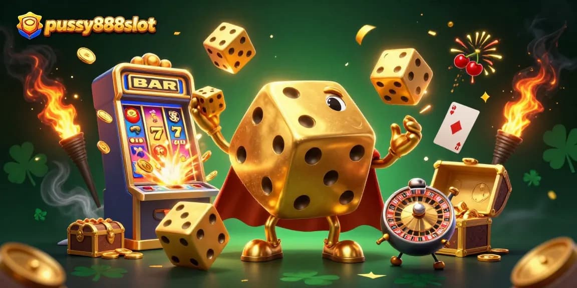 Experience the excitement of pussy888slot with this vibrant slot machine and golden dice scene.