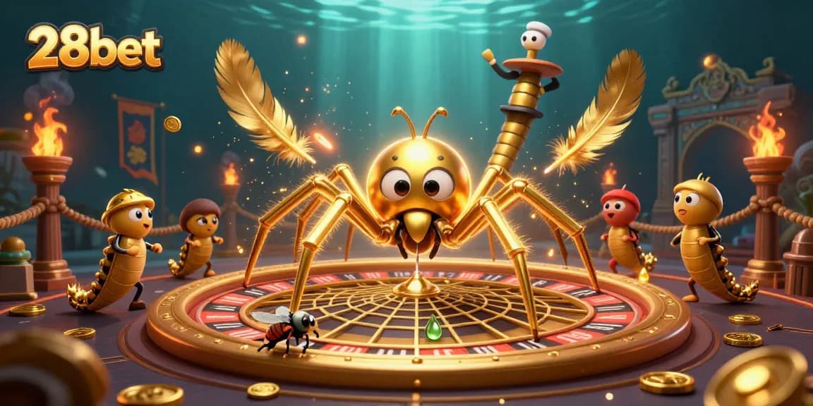 Experience the thrill of 28bet with a golden web-shaped roulette wheel and animated characters in a vibrant gambling scene.