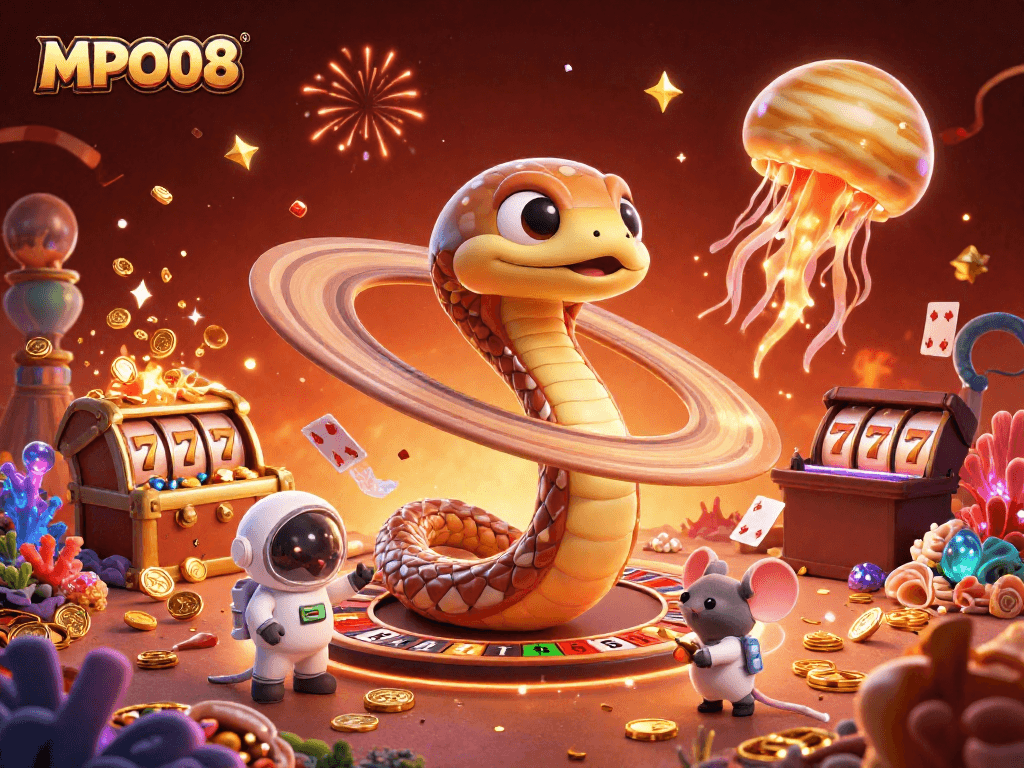 MPO08 engages players with a vibrant cosmic casino featuring roulette gameplay with animated characters.