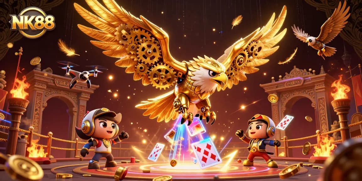 Engage with NK88's vibrant 3D casino scene featuring a golden eagle and holographic cards.