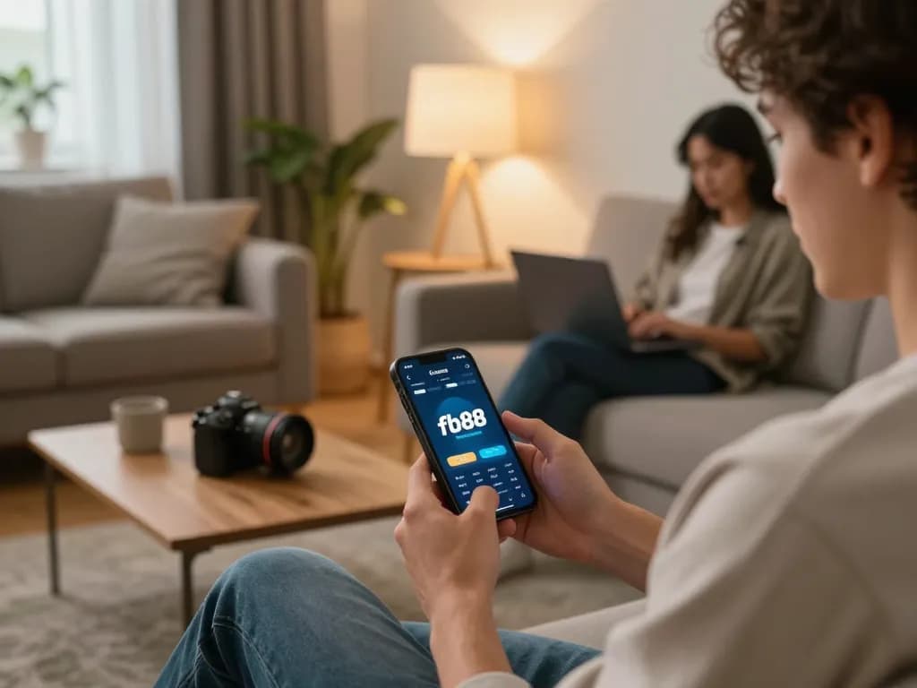 Player using the fb88 app for strategic betting in a cozy home setting.