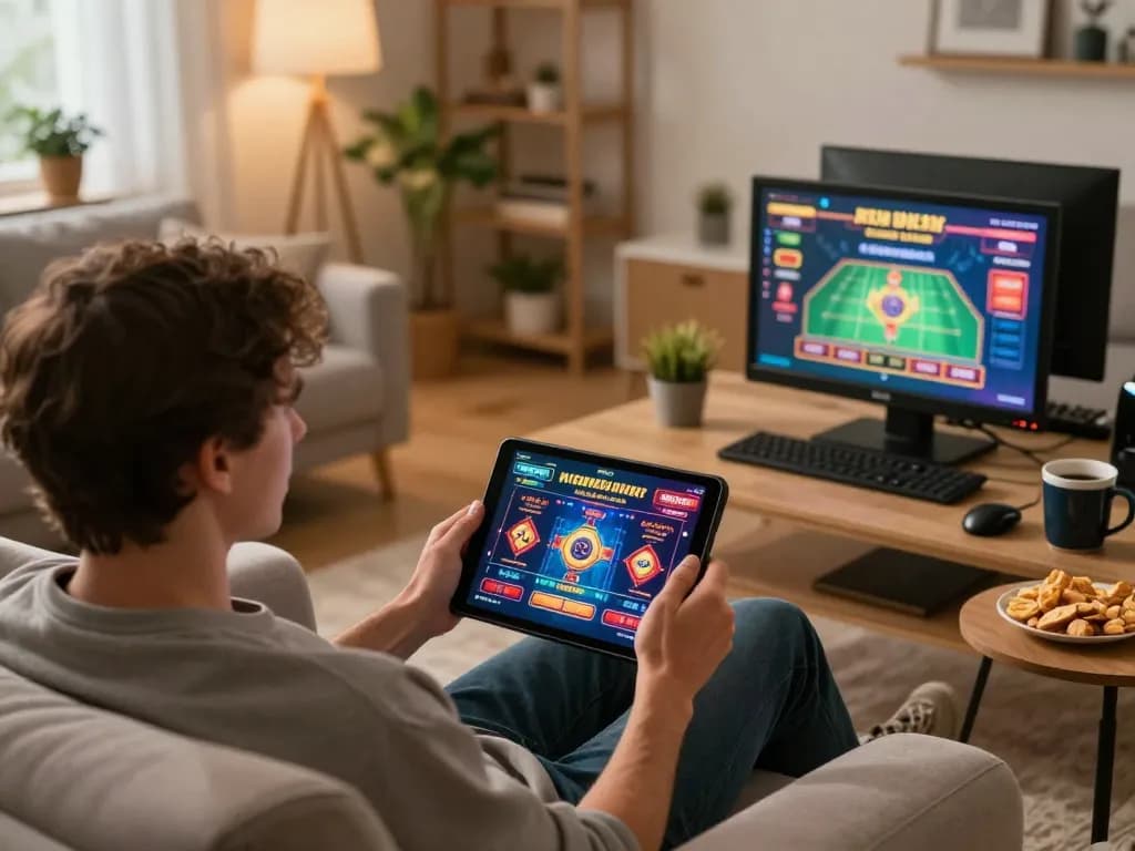 Engaging in online casino games with LC88 on a cozy tablet setup, showcasing responsible gaming.