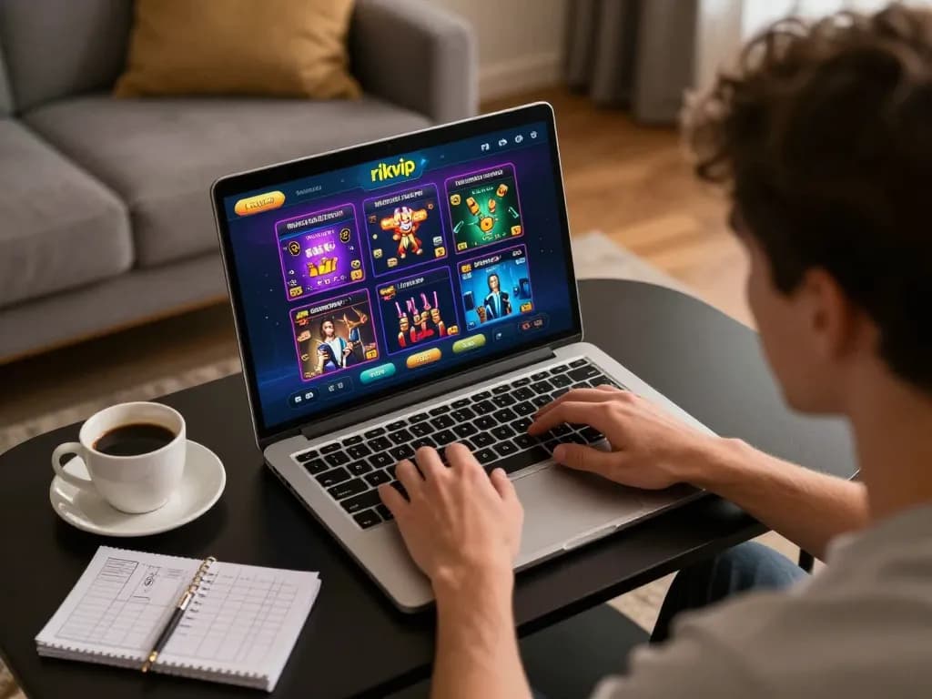 Engaged player exploring games on the rikvip platform in a cozy home setting, focused on strategy and gameplay.