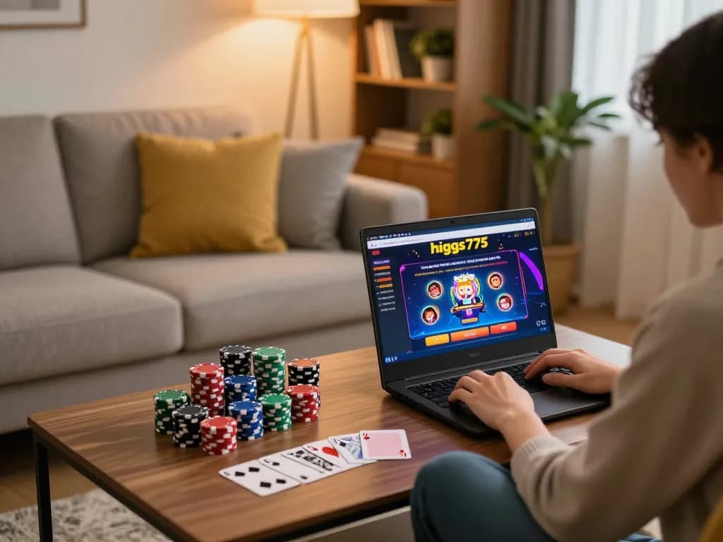 Pemain yang terlibat menjelajahi kasino online higgs777 di laptop di tengah pengaturan rumah yang nyaman.