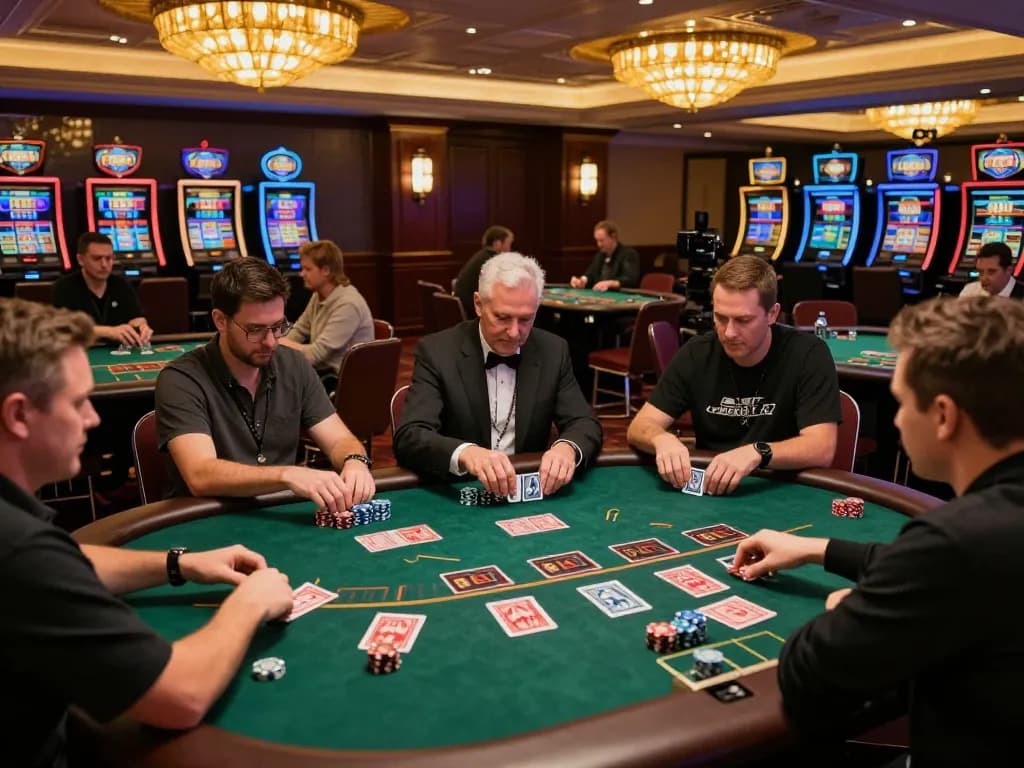 FLY88 players strategizing during a thrilling blackjack game in an upscale casino