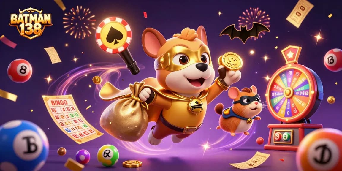 BATMAN 138 menampilkan pahlawan dengan koin emas dan bola lotere, posisinya menarik dalam permainan slot.
