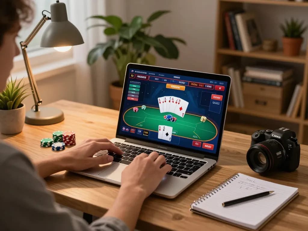 Player engaged in an online poker game on tr88it, surrounded by strategic notes and a cozy setup.