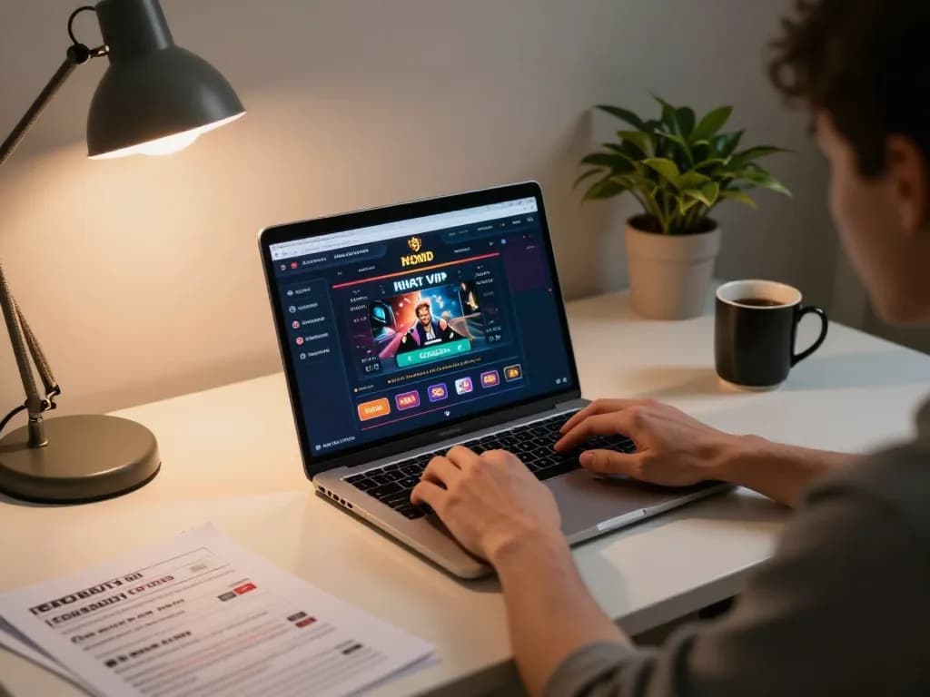 Engaging in nhat vip online gaming experience on laptop in a cozy home office.