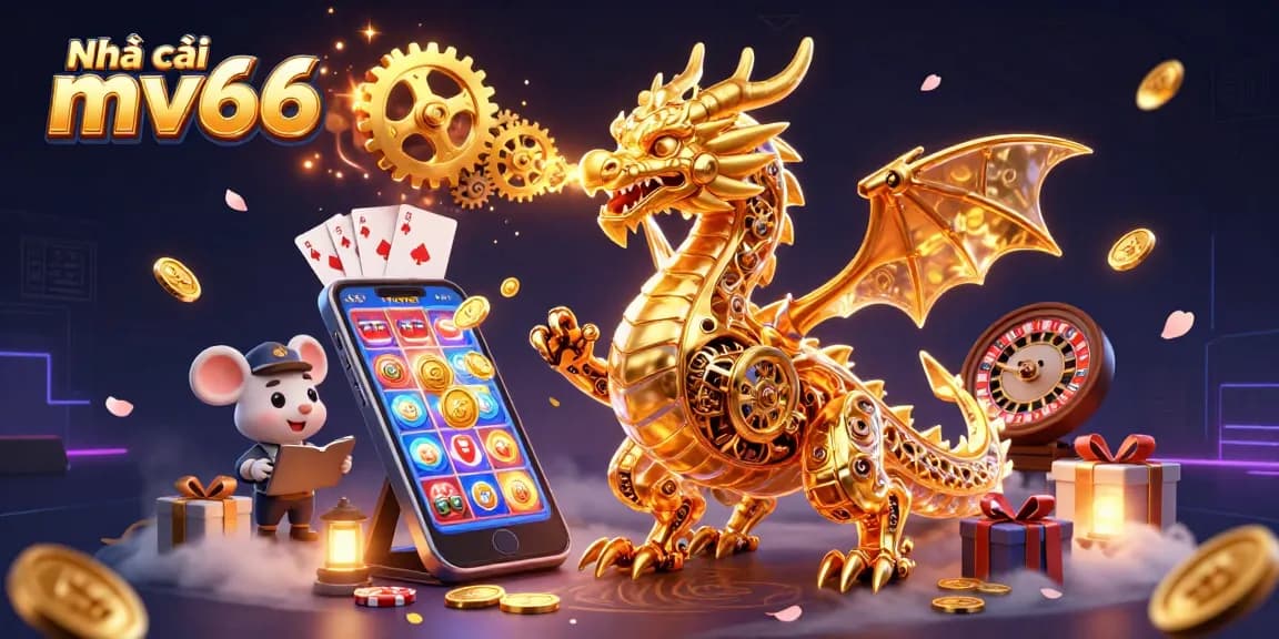Engage with Nhà cái mv66 in a vibrant energy-filled 3D illustration, showcasing dynamic casino elements