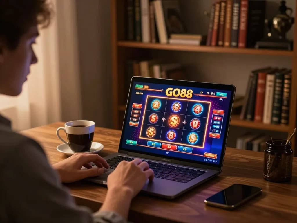 Engaging in GO88 online casino gameplay with a stylish home office setup, capturing the thrill of slots.