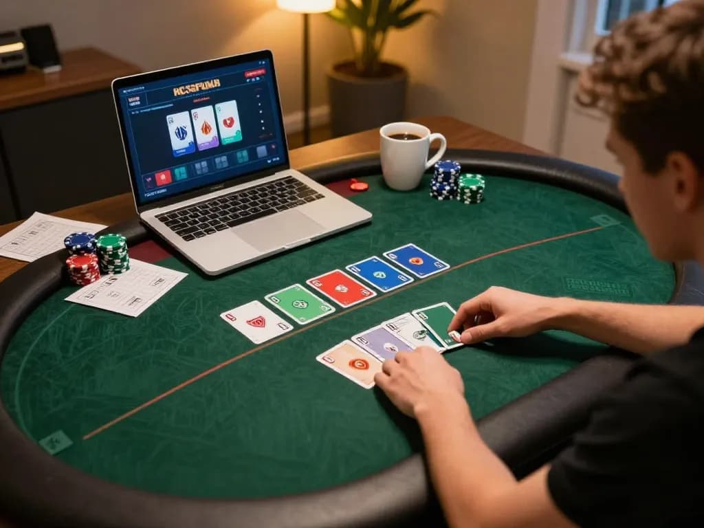 Engaged player using go88live for online poker at home with vibrant screen of game.