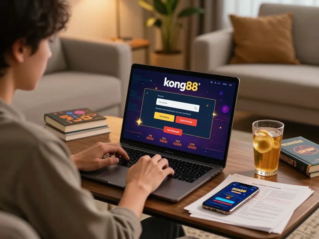 Engaging gameplay on a laptop featuring kong88 login amidst a cozy home environment, showcasing a responsible gambling experience.