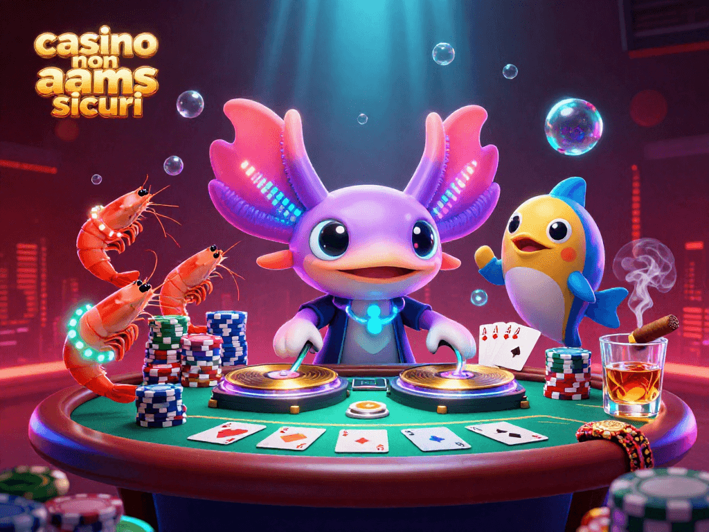 Illustrazione di un DJ axolotl neon con una tavola da poker per i casino non AAMS sicuri.