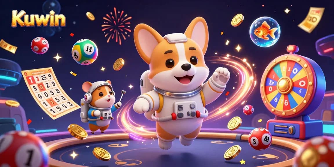 Kuwin's vibrant casino experience comes alive with floating characters and colorful gambling elements