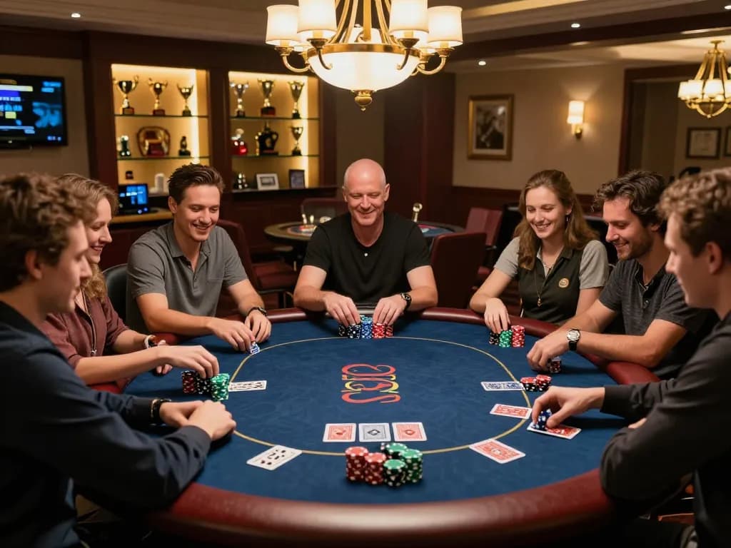 Engaging poker night scene featuring friends playing Texas Hold'em, showcasing the thrill of sky88 com gameplay.