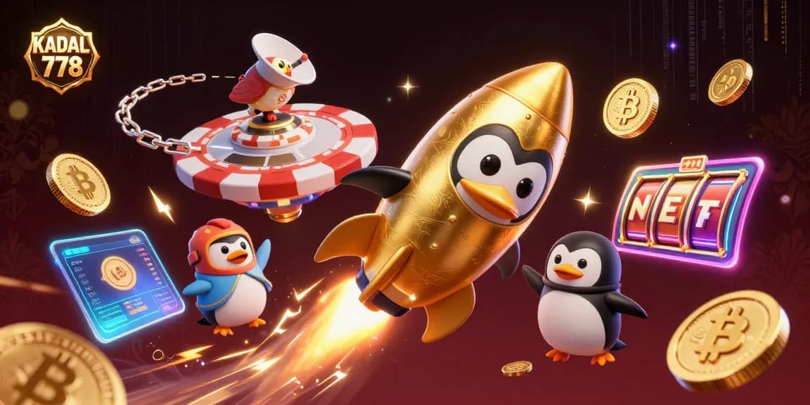 KADAL 778 ascends with a golden penguin amidst slot reels and crypto coins, showcasing dynamic casino excitement