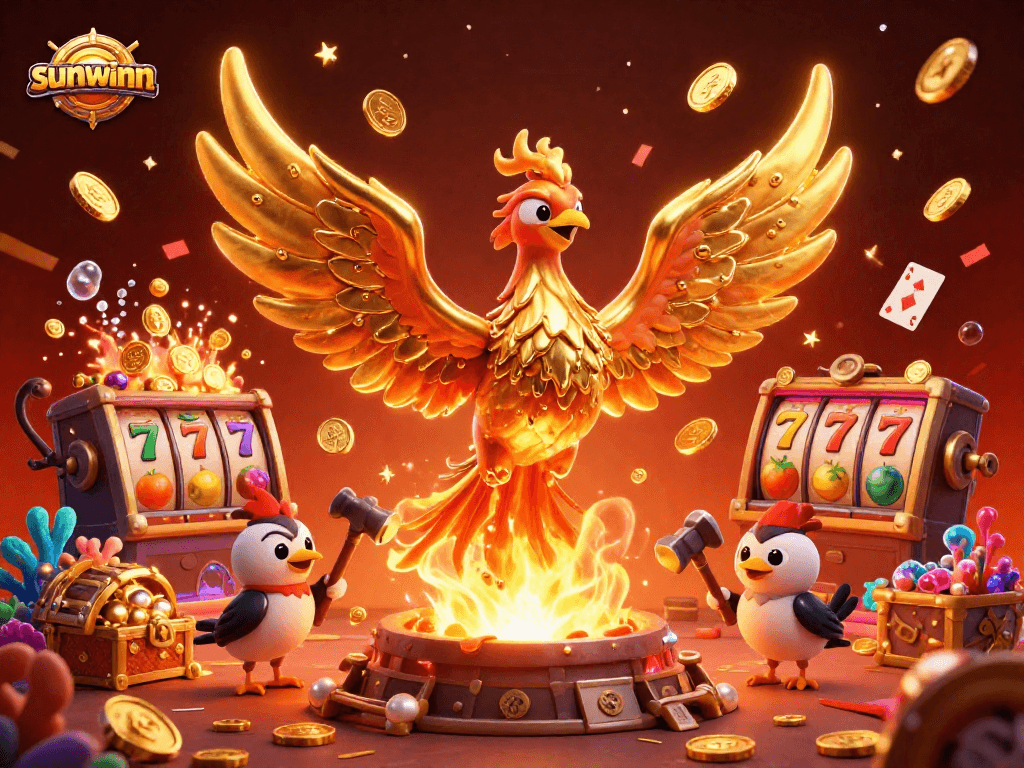 Hỏa phụng sunwinn phát tài từ kim loại nóng chảy, tỏa ra vàng và tiền xu trong giải trí casino.