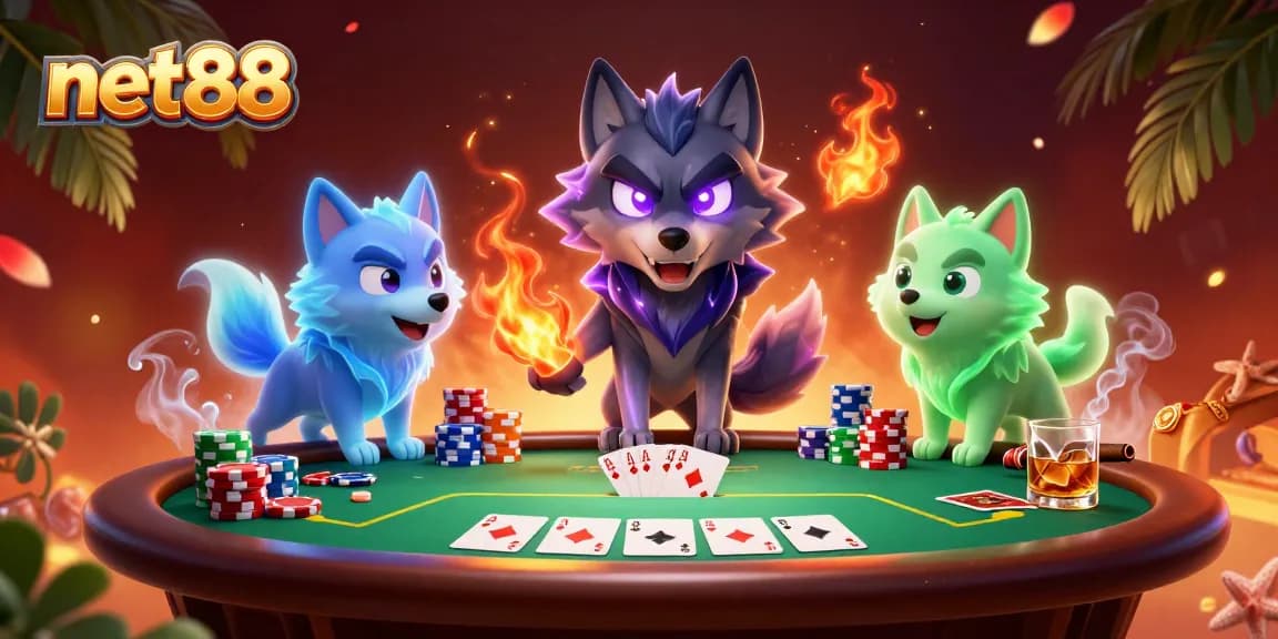 Experience thrilling poker action at net88 with ghostly wolves and vibrant game elements.