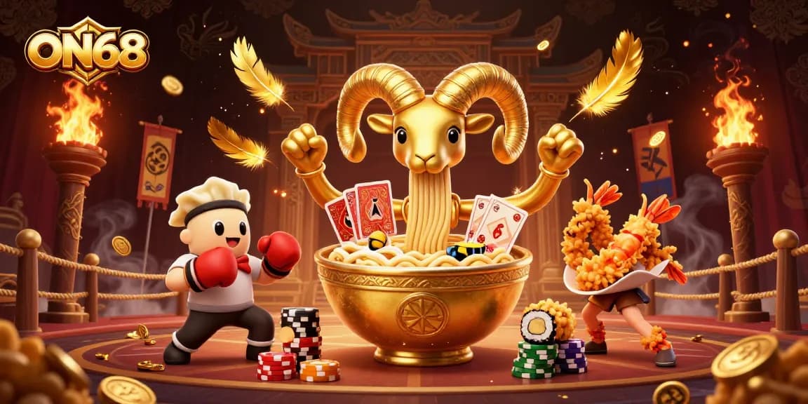 Experience exciting betting action at ON68 with vibrant casino imagery featuring a golden ramen character and diverse elements.