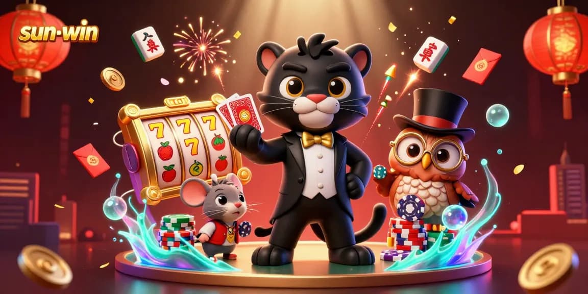 Join the excitement at sun-win with a dynamic scene featuring a tuxedo-clad panther and friends in a vibrant casino backdrop.