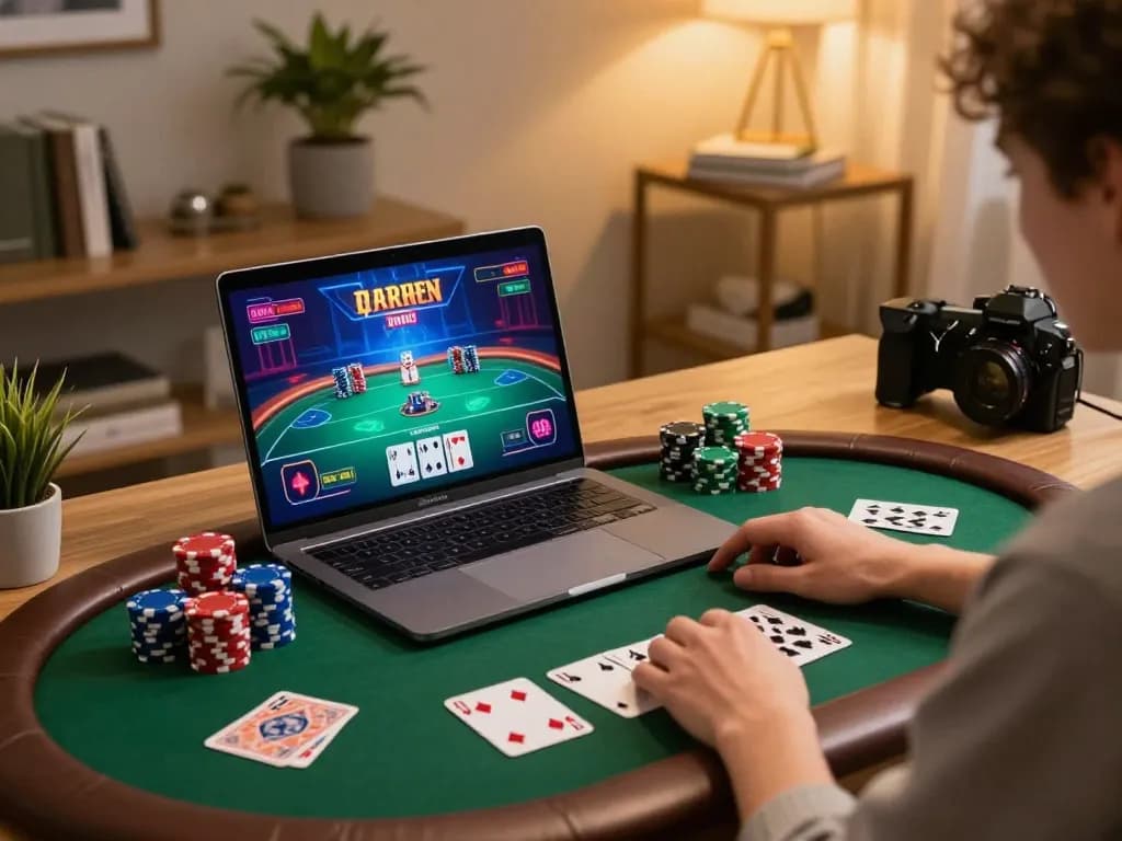 Permainan poker online yang menarik di layar laptop yang menampilkan antarmuka dinamis dan opsi taruhan idn789.