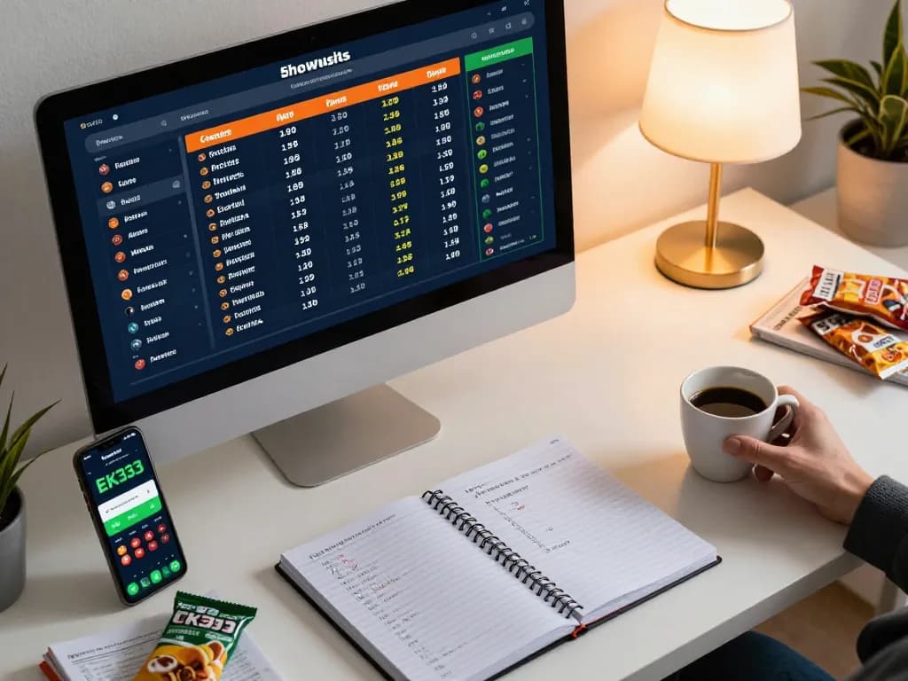 Engaging in sports betting on EK333 platform with a smartphone and computer screen displaying live odds.