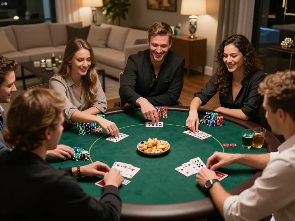 Friends enjoying a poker game at home, showcasing strategy and camaraderie while using Surebetsg.