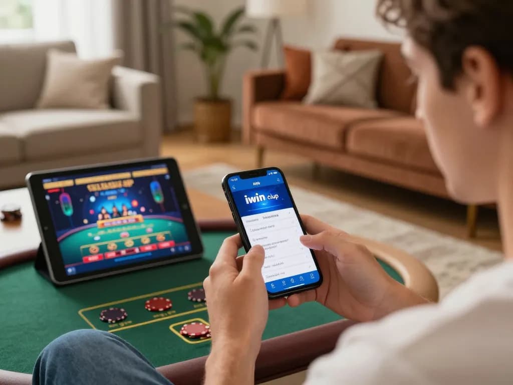 Playing engaging casino games on the iwin clup app in a cozy home setup.