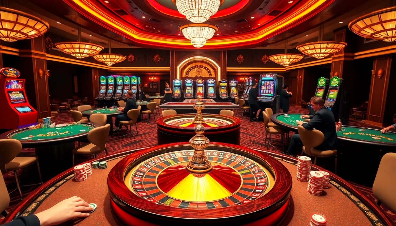 Players enjoying an exciting moment at 79king's luxurious casino tables, featuring poker and roulette.